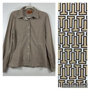 Tory Burch Logo "T" Print Long Sleeve Button Up Shirt Size 10 Office Preppy